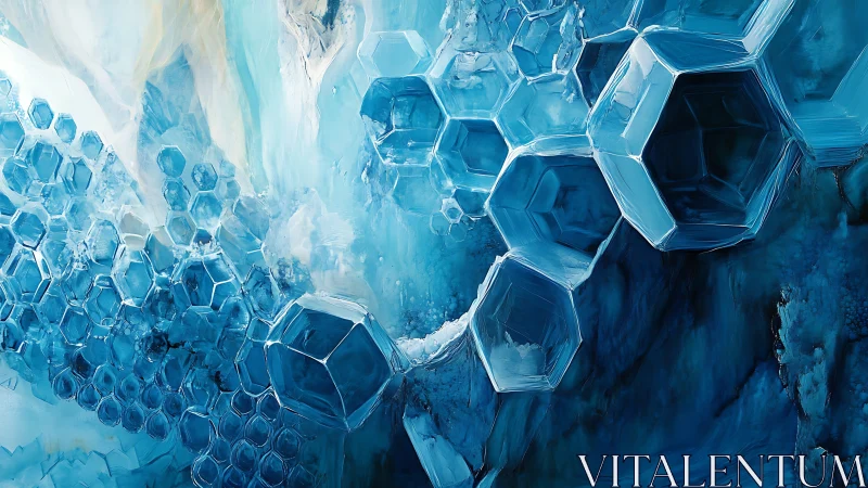 Geometric blue crystalline cells within abstract ice field.