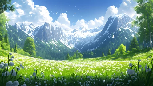 Sunlit alpine meadow unfolds beneath snow-capped peaks