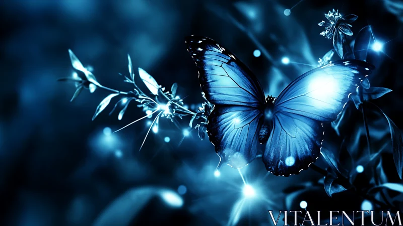 Glowing blue butterfly resting in a dreamy moonlit garden.