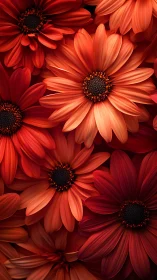 Red and Orange Gerberas Blooming Close Together.