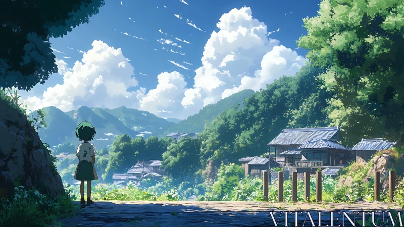 Child facing rural valley village under bright summer sky.