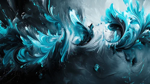 Cyan and black fluid dynamics in high-contrast abstract vortex