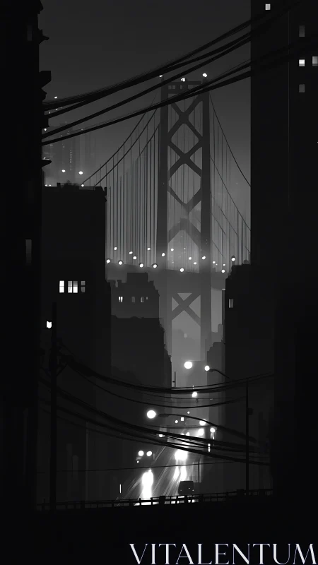 Monochrome suspension bridge framed by high-contrast urban towers