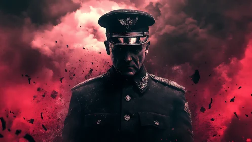 Military officer stands in front of red explosive cloud background