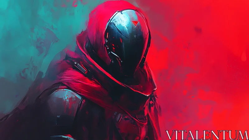 Hooded sci fi warrior stands in neon red and cyan haze