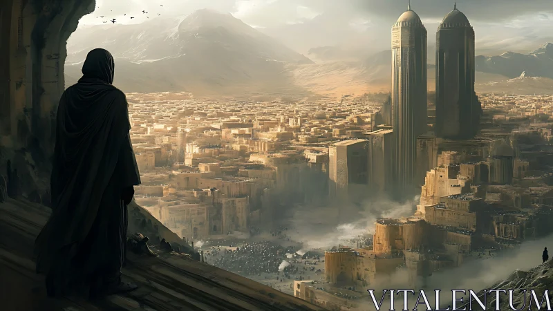 Cloaked observer surveying twin-tower desert megacity vista.
