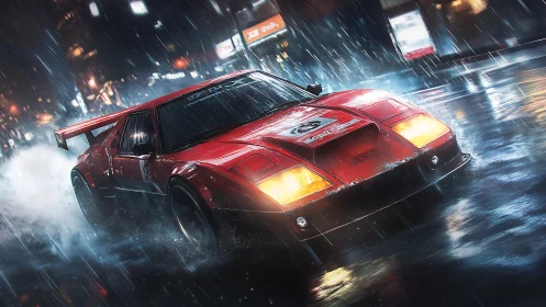 Red street racer powers through neon city rainstorm at night.