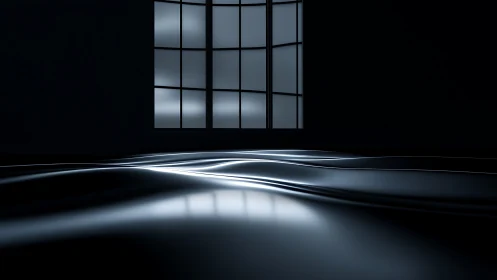 Minimalist dark room with glowing liquid floor waves.