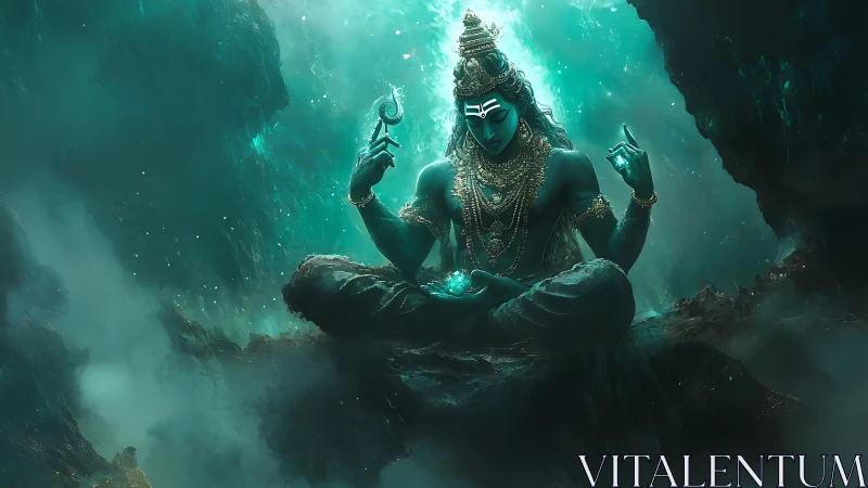 Cosmic sage in teal caverns holding a quiet universe.