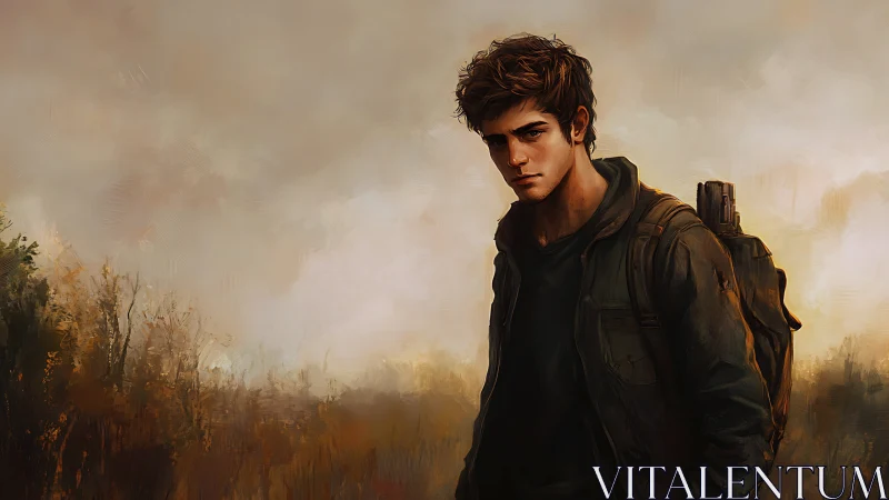 Brooding wanderer stalks a misty, ember-tinted wasteland.