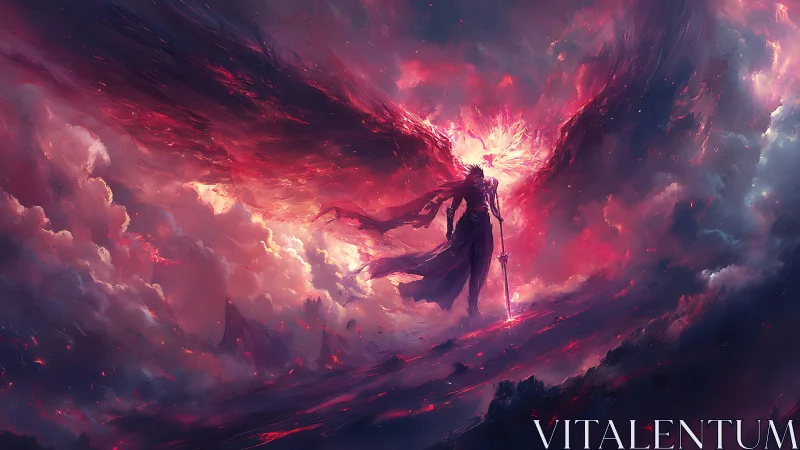 Stormborn angel of embers strides through burning heavens.