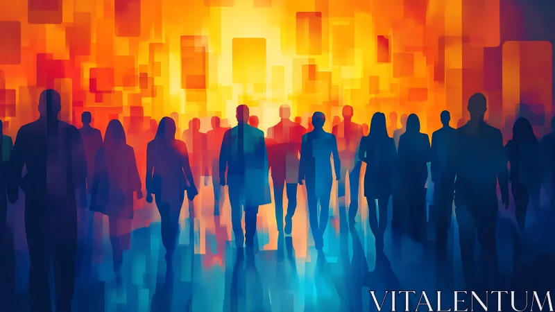 Backlit human silhouettes in chromatic urban data field.