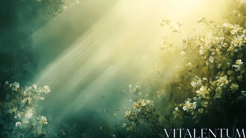 Sunlit wild blossoms drifting in luminous misted air.