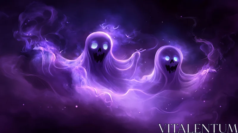 Two luminescent ghost figures emerge from purple spectral mist