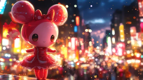 Kawaii mascot in glowing city lights twirls with sparkle.