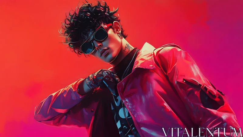 Stylized portrait of person in red jacket on red background.