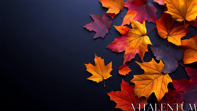 Macro study of autumn maple leaves on matte navy background