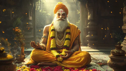 Meditating Hindu guru in ochre robes within temple sanctum