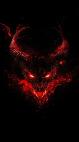 Demonic horned skull emerges in blazing red inferno.