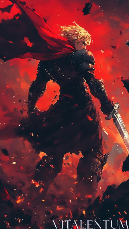 Armored swordsman stands amid red particulate explosion