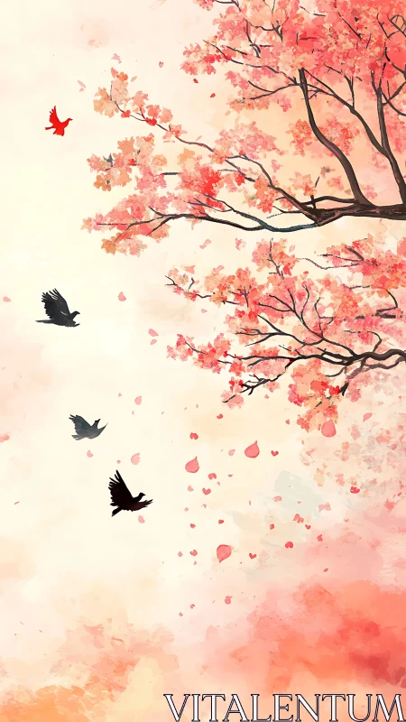 Cherry tree branches with birds in stylized spring sky.