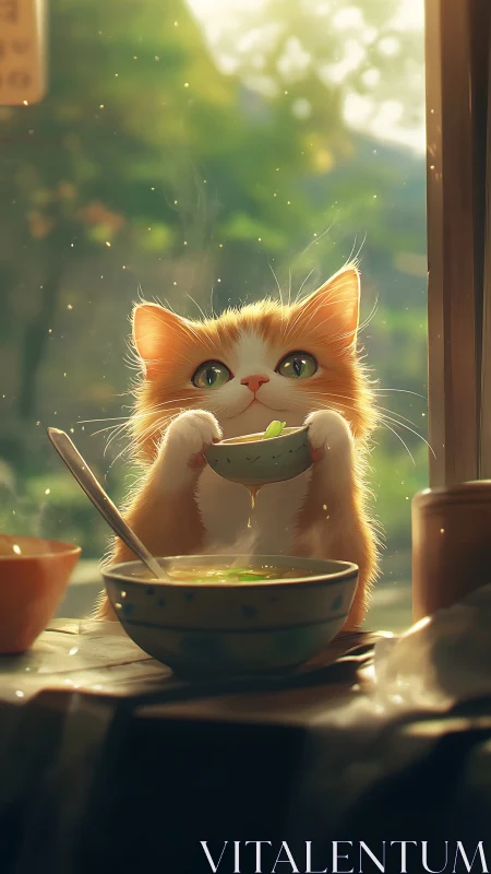 Orange kitten enjoys soup by sunlit window with bokeh particles.