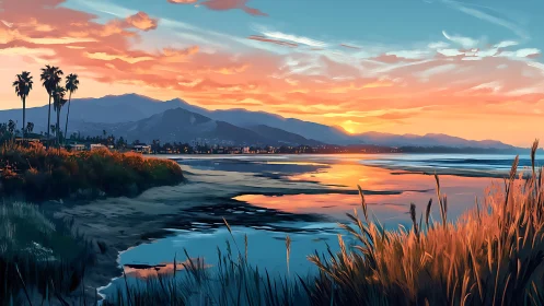 Vibrant coastal sunset illuminates mountains and reflective bay
