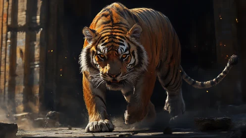 Tiger walking through dim, dusty environment outdoors.