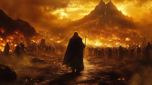 Lone wanderer facing a blazing mountain of gathering armies.
