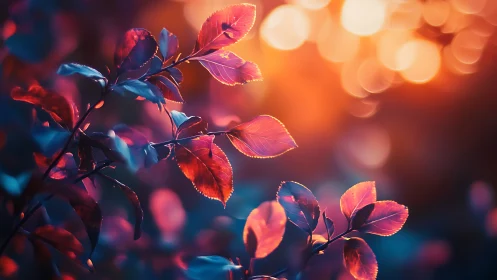 Sunlit rose leaves glow against dreamy neon twilight bokeh