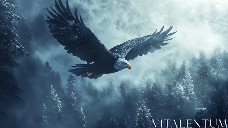 Majestic bald eagle soaring over misty winter forest, digital art.