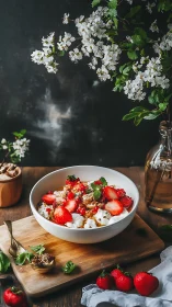 Bright berry yogurt breakfast bowl sits under spring blossoms