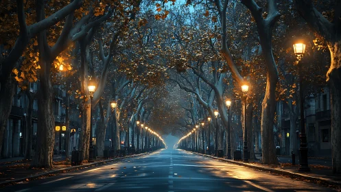 Photorealistic autumn boulevard with lamplit linear perspective.
