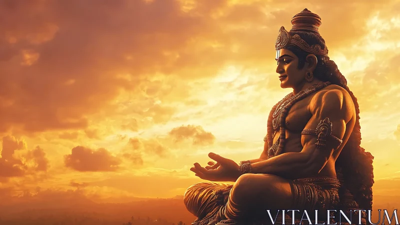 Sunlit titan in serene meditation above a molten sky.