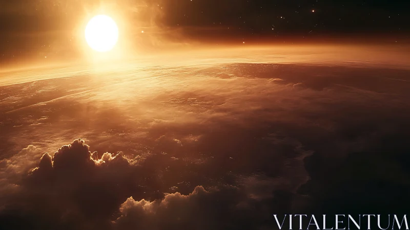 Sunlit planetary horizon with dense atmospheric clouds.