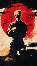 Karate martial artist silhouette stands before red sun circle