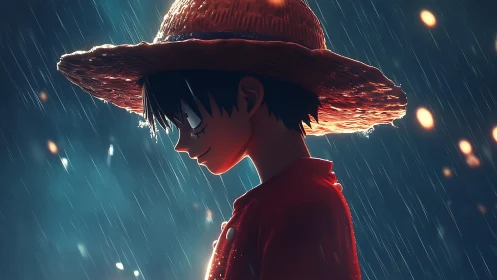 Side profile of straw-hatted anime figure in simulated rain