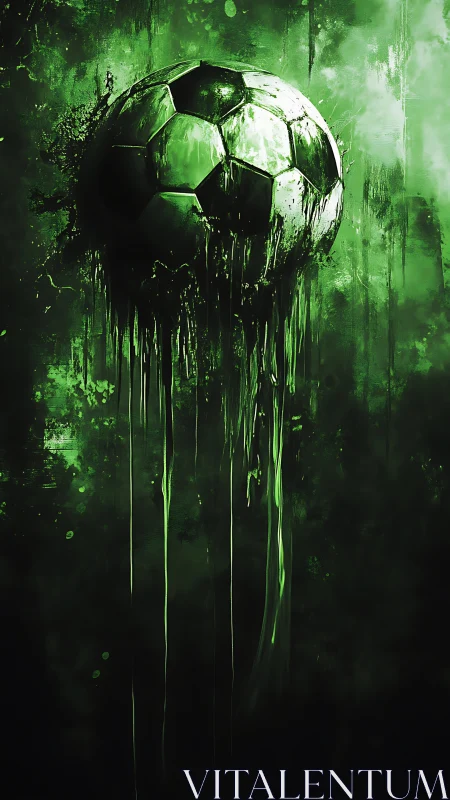 Glowing green soccer ball melting into bold painted streaks.