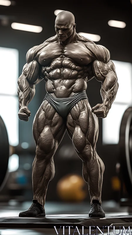 Titan sinew sculpture posing under soft gym skylight hush.