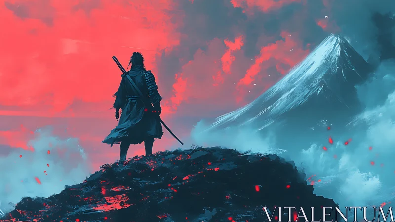 Lone samurai gazes at ember-lit mountain of storming dawn.