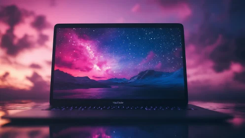 Laptop display framing neon galaxy seascape under twilight sky.