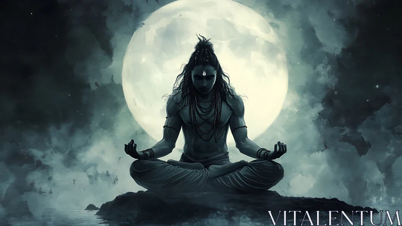 Meditating figure in front of full moon on rocky surface.