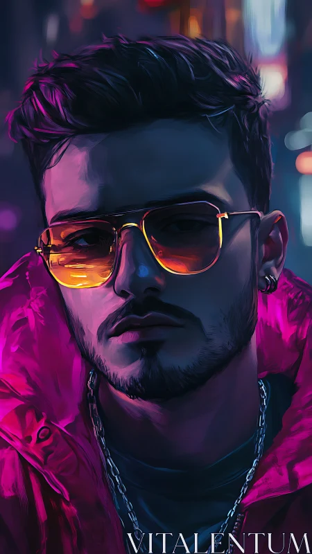 Neon city glow frames a confident man in golden shades.