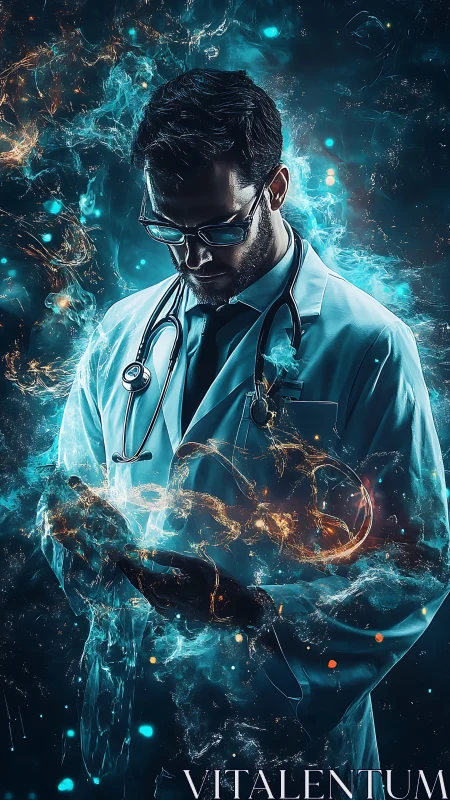 Cybernetic physician in luminous data-infused aura.