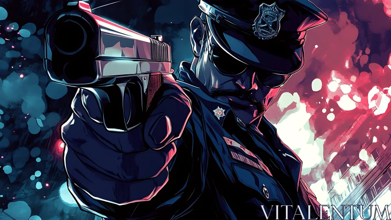 Stylized neon-lit officer aiming handgun in dramatic close-up
