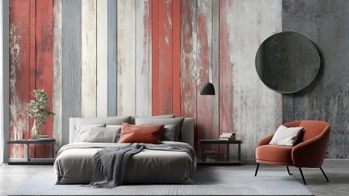 Modern bedroom with striped weathered wall panels and chair.