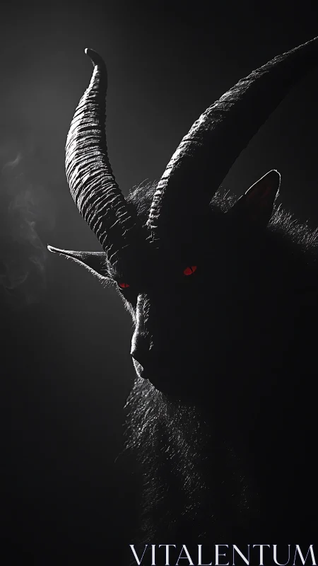 Horned demon silhouette with glowing red eyes in shadow.
