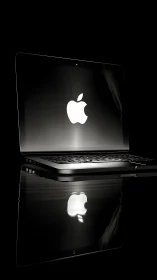 Open laptop with illuminated logo and dark reflection.