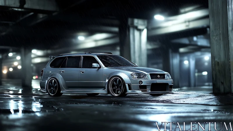 Sleek silver wagon glowing under rainy city lights.