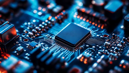 Glowing circuit board close-up with a calm central chip.